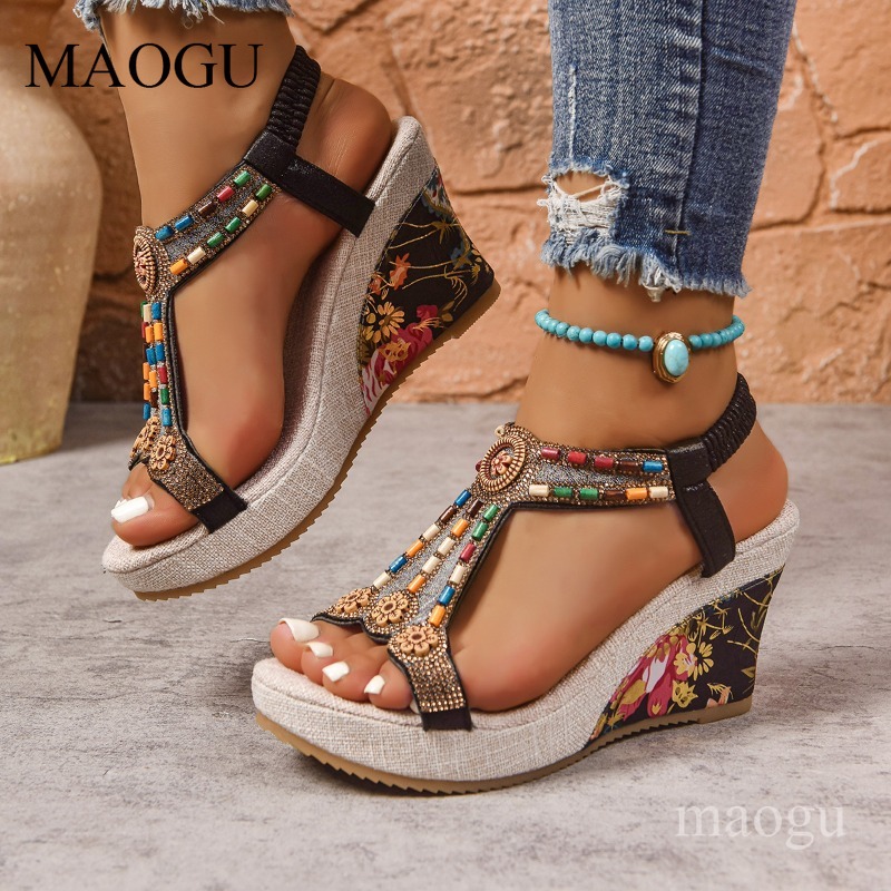 Ethnic Boho Fashion - Sandales compensées bohèmes à perles et