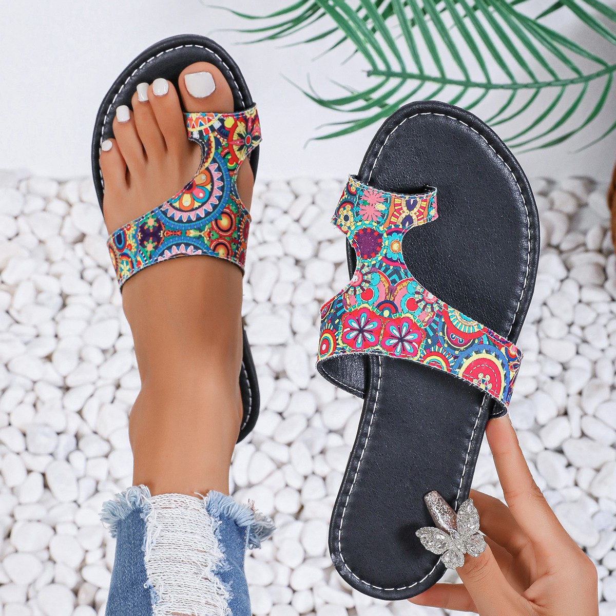 Women'S Ethnic Fashion Brands - Sandales plates ethniques à largeur élargie