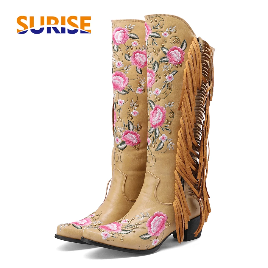 Ethnic Fashion In - Mode broderie fleur Western genou bottes